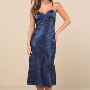 Lulus Certainly Flawless Navy Satin Rhinestone Cowl Back Midi Dress Blue